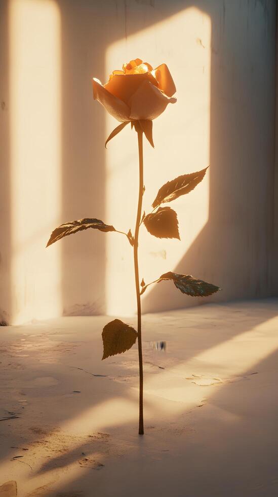 A single rose is shown in a room with sunlight photo