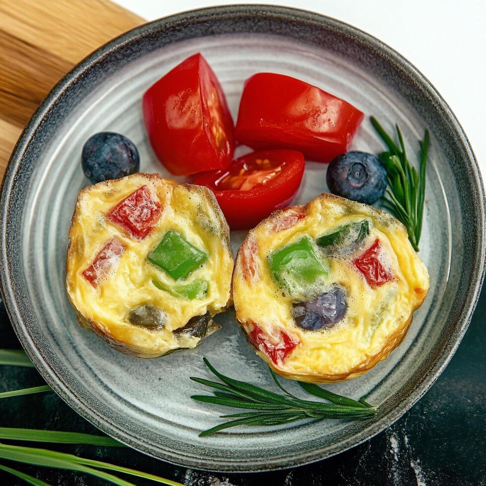 A plate with two mini quiches and a tomato photo