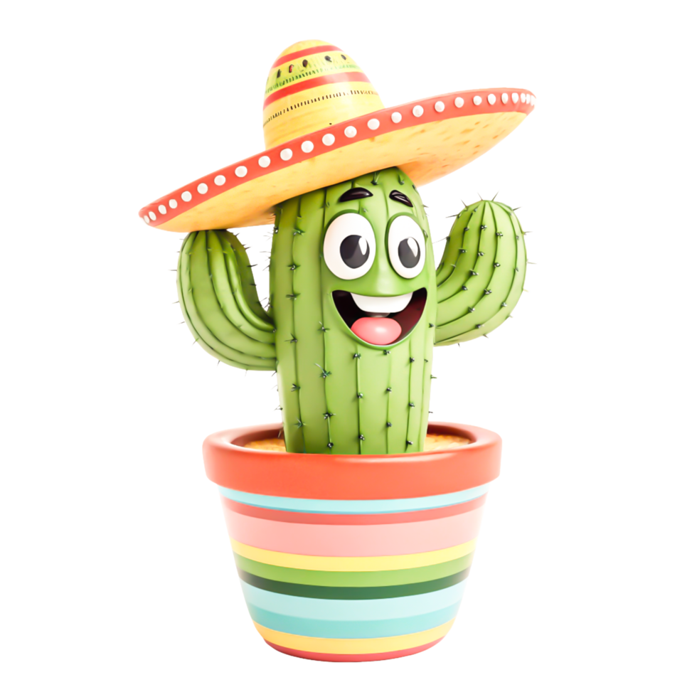 Cheerful Cartoon Cactus in Colorful Pot Wearing Sombrero - 3D Render png