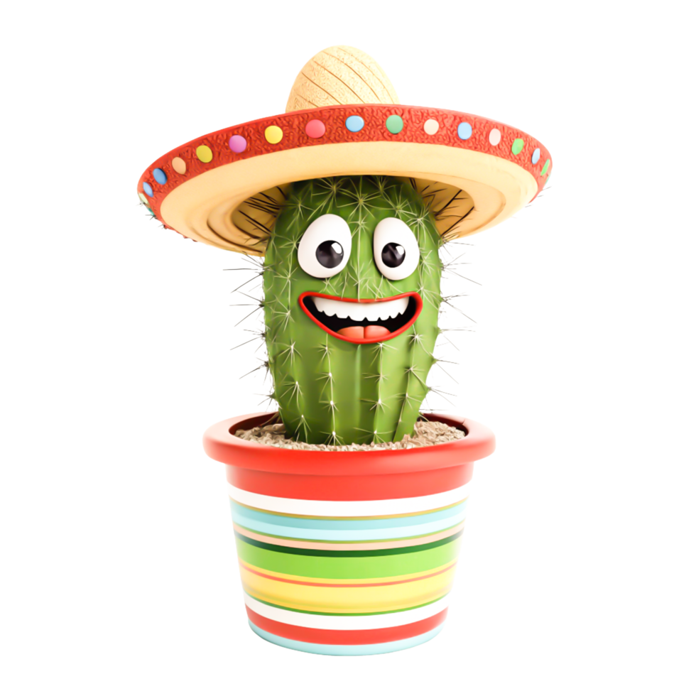 Happy Cactus in Sombrero Hat Fun 3D Render for Fiesta Mexico Designs png