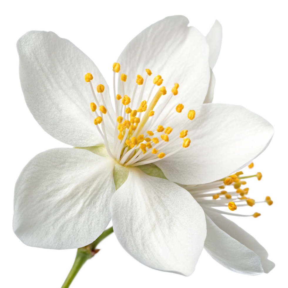 Stunning Close-up of Two Delicate White Blossoms with Yellow Stamens png