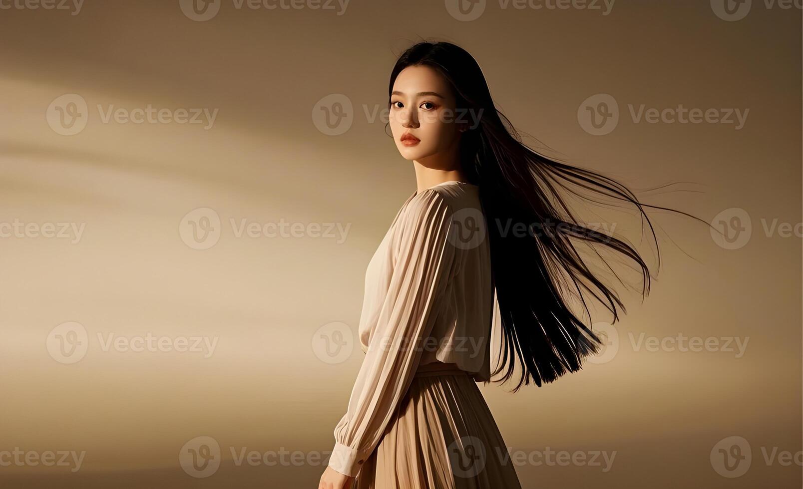 A woman with long black hair standing in front of a light photo