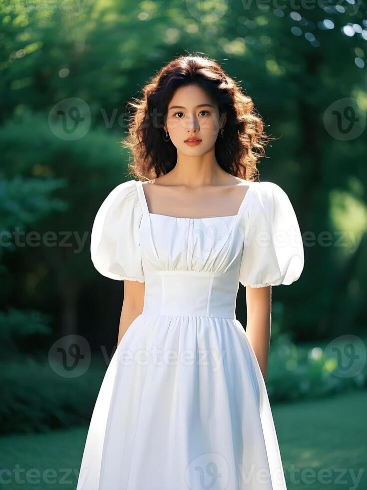 A woman in a white dress standing in a park photo