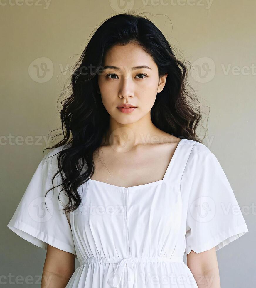 A woman in a white dress standing against a wall photo