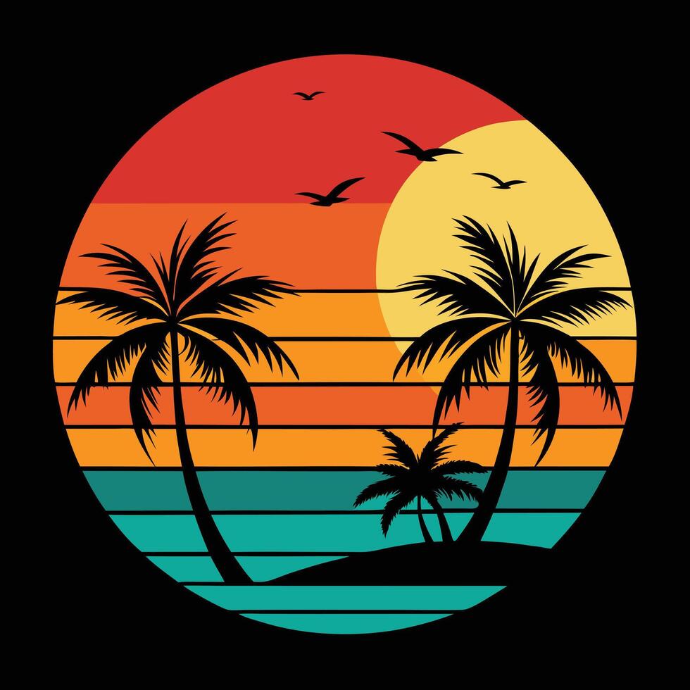 retro tropical sunset with palm trees, birds, and a vintage style. vector