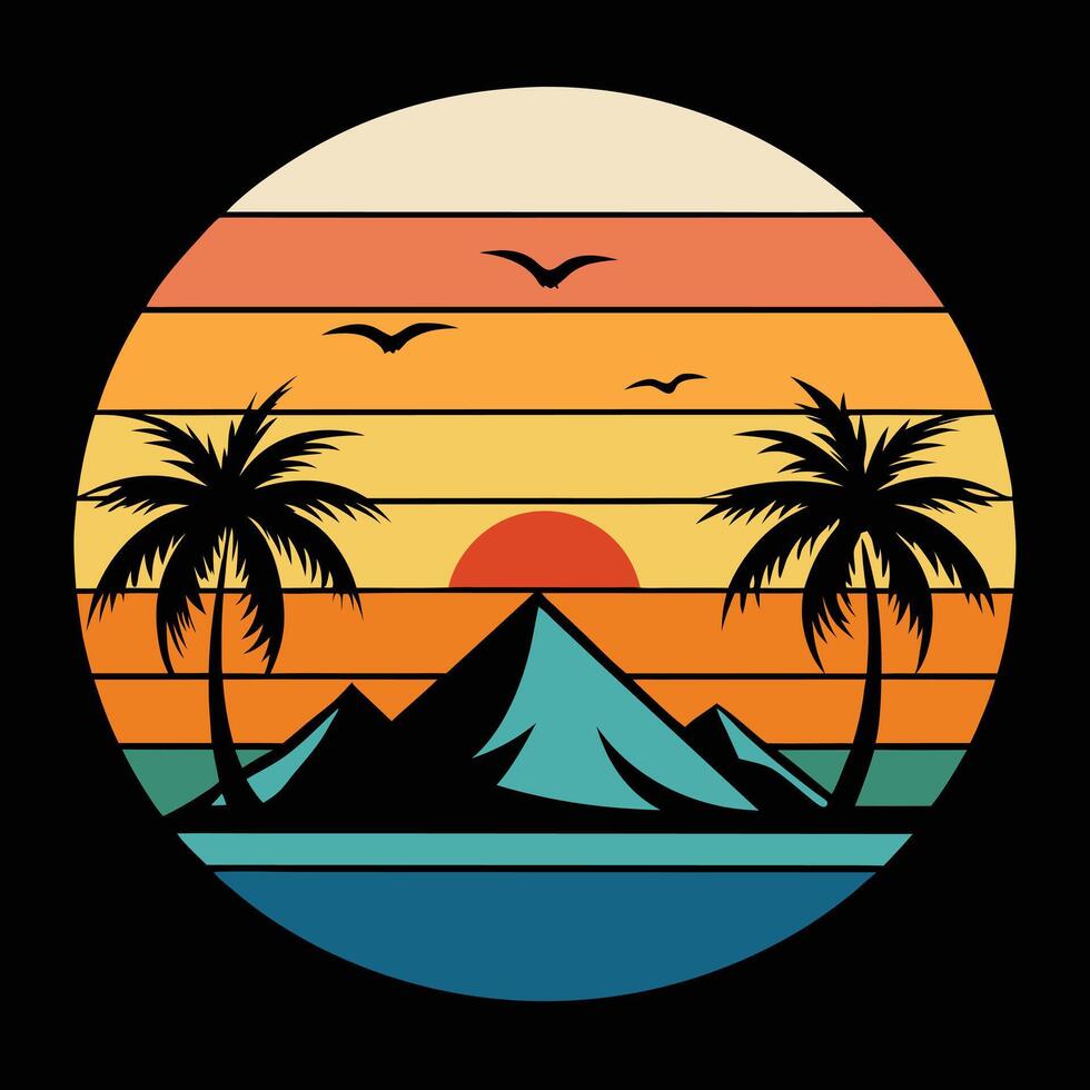 tropical sunset retro with palm trees, birds, and a vintage-style vector