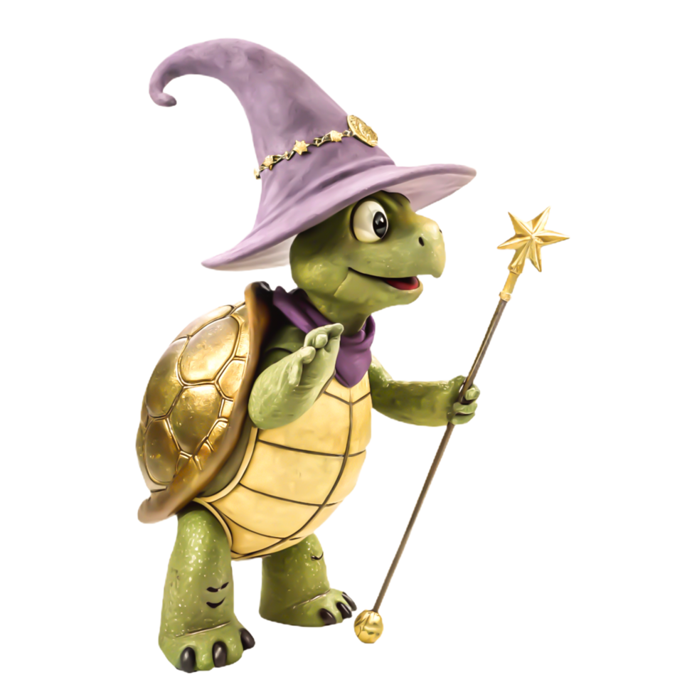 Adorable Cartoon Turtle Wizard with Magic Wand and Purple Hat Illustration png