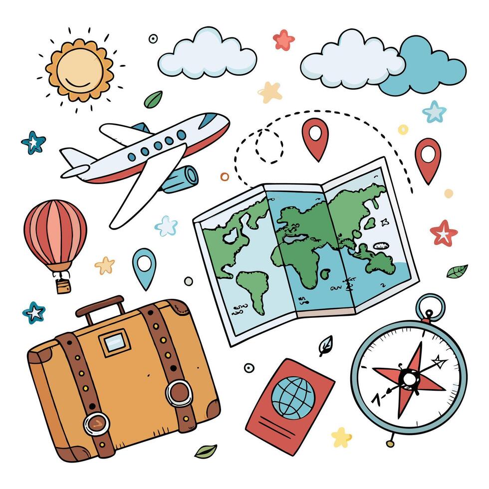 Travel icons set with a suitcase, map, compass and other items vector
