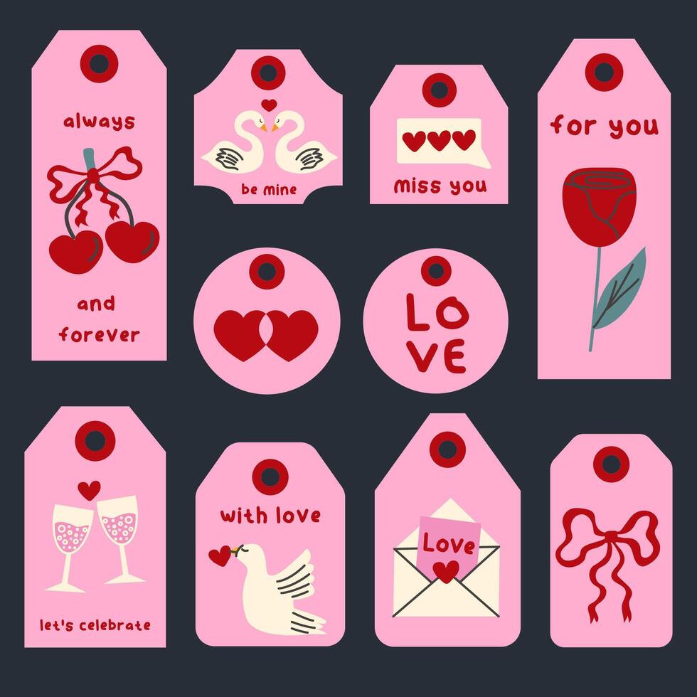 Set of tags for love. Collection of hand drawn pink Valentines Day sticker. romantic icons pack in retro style. Design concept for 14 February. vector