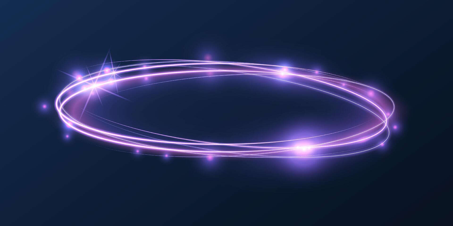 Glowing neon light ring. Futuristic purple energy circle with sparkles and motion trails for sci-fi design, fantasy effects, UI elements, magic portals, tech backgrounds, and digital art projects. vector