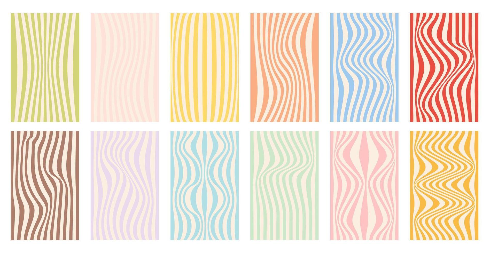Set of groovy retro 70s backgrounds. Psychedelic pattern lines, swirl, twirl waves. Y2k aesthetic. Social media stories template, web banner. vector