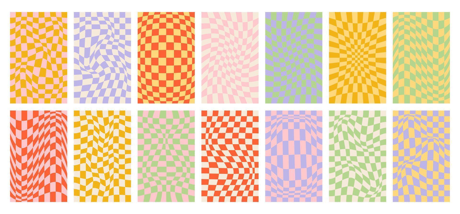 Set of groovy retro 70s backgrounds. Groovy wave psychedelic checkerboard background. Y2k aesthetic. Social media stories template, web banner. vector