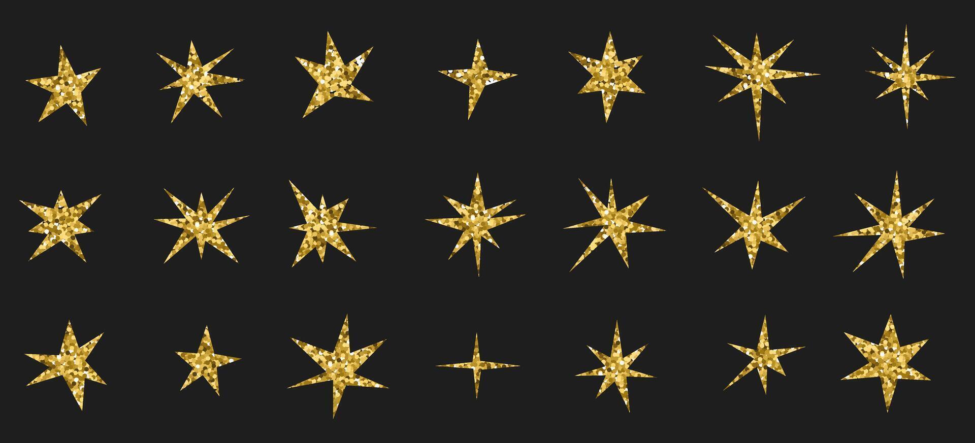 Set of gold star shapes. Retro futuristic sparkle icons collection. bstract bright golden design for wallpaper, Christmas decoration. The texture of glitter. vector