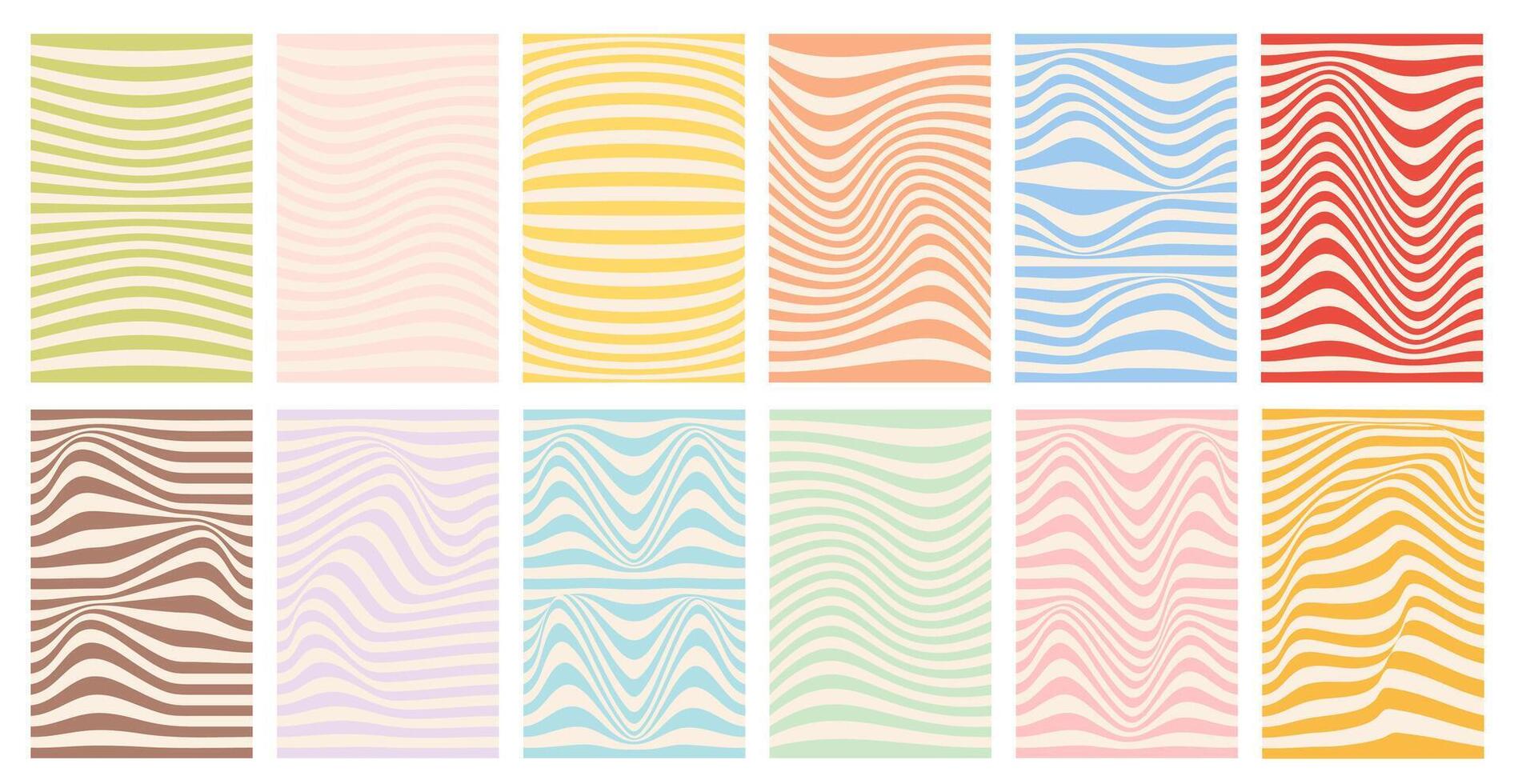 Set of groovy retro backgrounds. Psychedelic pattern lines, swirl, twirl waves. Y2k aesthetic. Social media stories template, web banner. vector