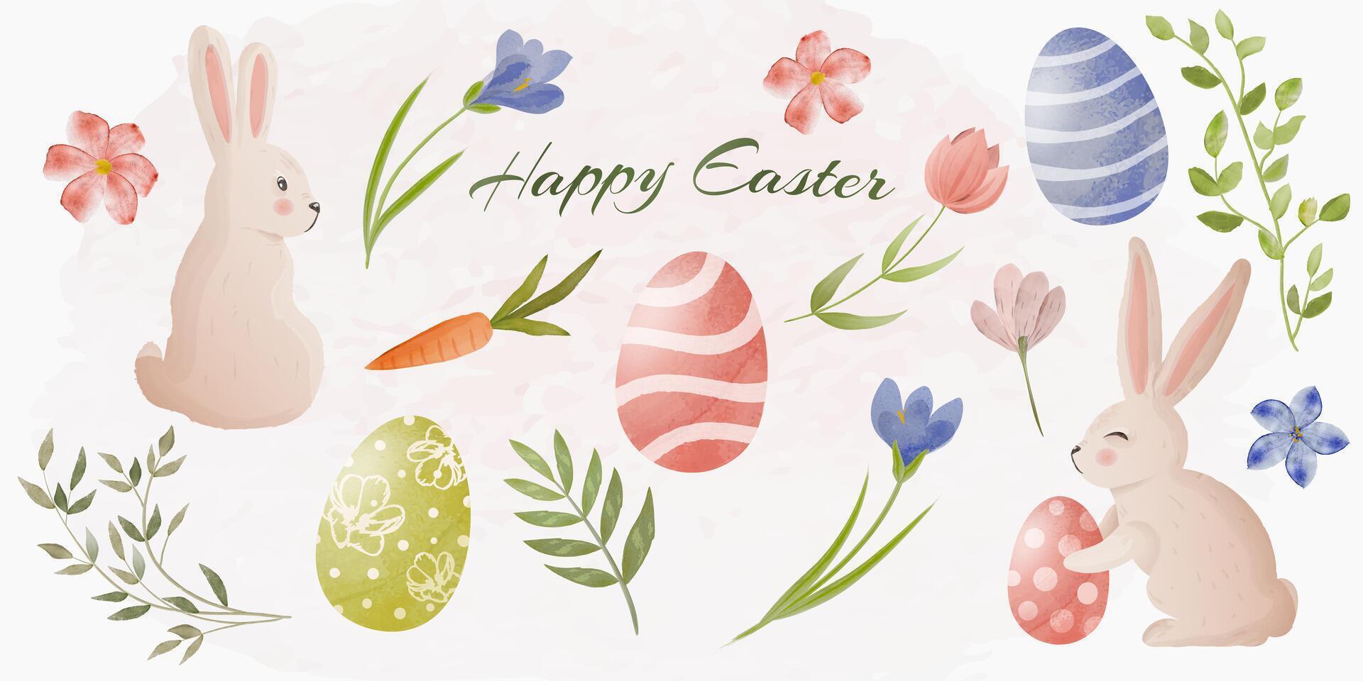 Charming watercolor Easter elements set featuring cute bunnies, decorated eggs, flowers, and greenery in soft pastel tones. Perfect for greeting cards, scrapbooking, digital designs, and fes vector