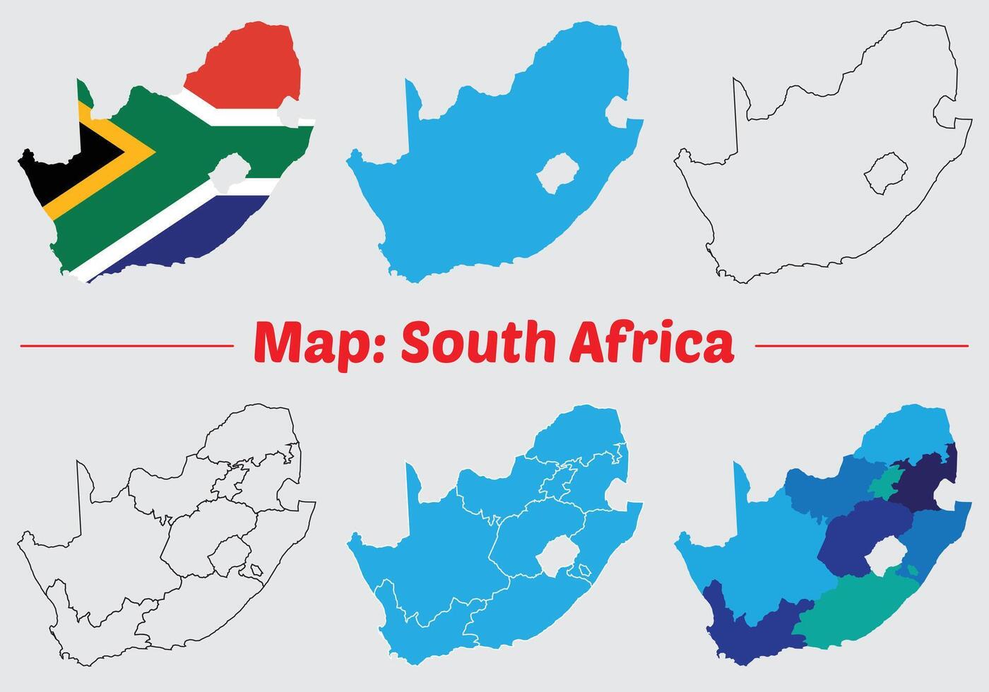 Maps of South Africa Flag, Outline, and Regional Divisions, South Africa country map set. internal provinces borders marked, Simple map of South Africa drawing. vector