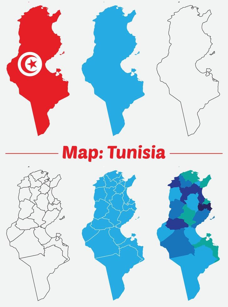 Maps of Tunisia Flag, Outline, and Regional Divisions, Tunisia country map set. internal provinces borders marked, Simple map of Tunisia drawing. vector