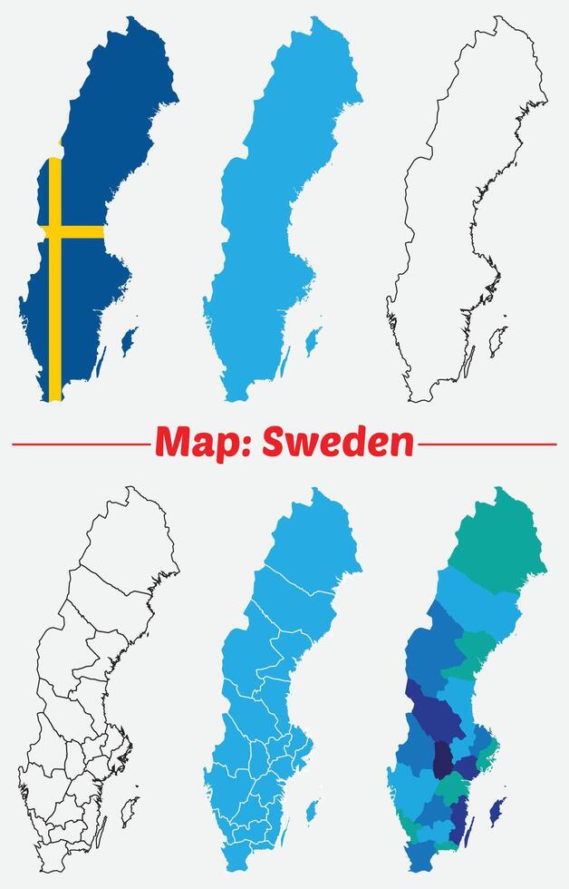 set of political maps of Sweden with regions and flag map internal provinces borders marked, Simple map of Sweden drawing, Filled and outline. vector