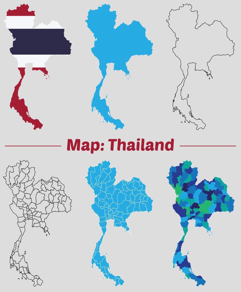 Maps of Thailand Flag, Outline, and Regional Divisions, Thailand country map set. internal provinces borders marked, Simple map of Thailand drawing. vector