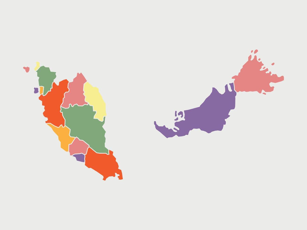 Colored map of Malaysia divided states and territories. White flat design isolated on a white background. Highly detailed illustration vector