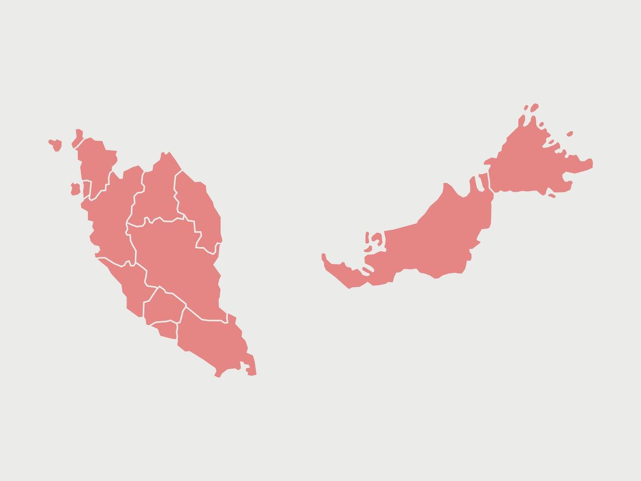 Red map of Malaysia divided into states and territories. White flat design isolated on a white background. Highly detailed illustration vector