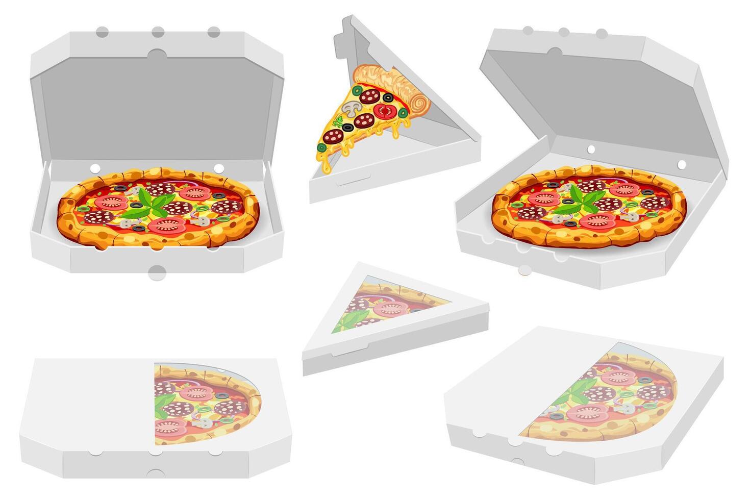 crispy pizza in cardboard box freshly with sausage, tomatoes, olives, mushrooms and cheese illustration isolated white background vector