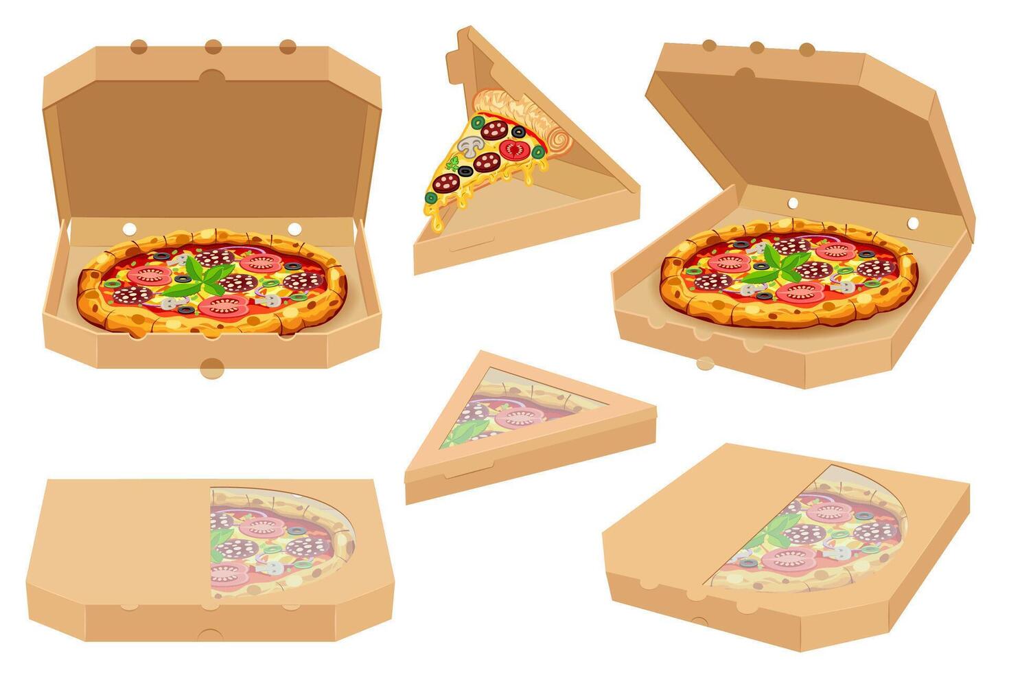 crispy pizza in cardboard box freshly baked sausage, tomatoes, olives, mushrooms and cheese illustration isolated on white background vector