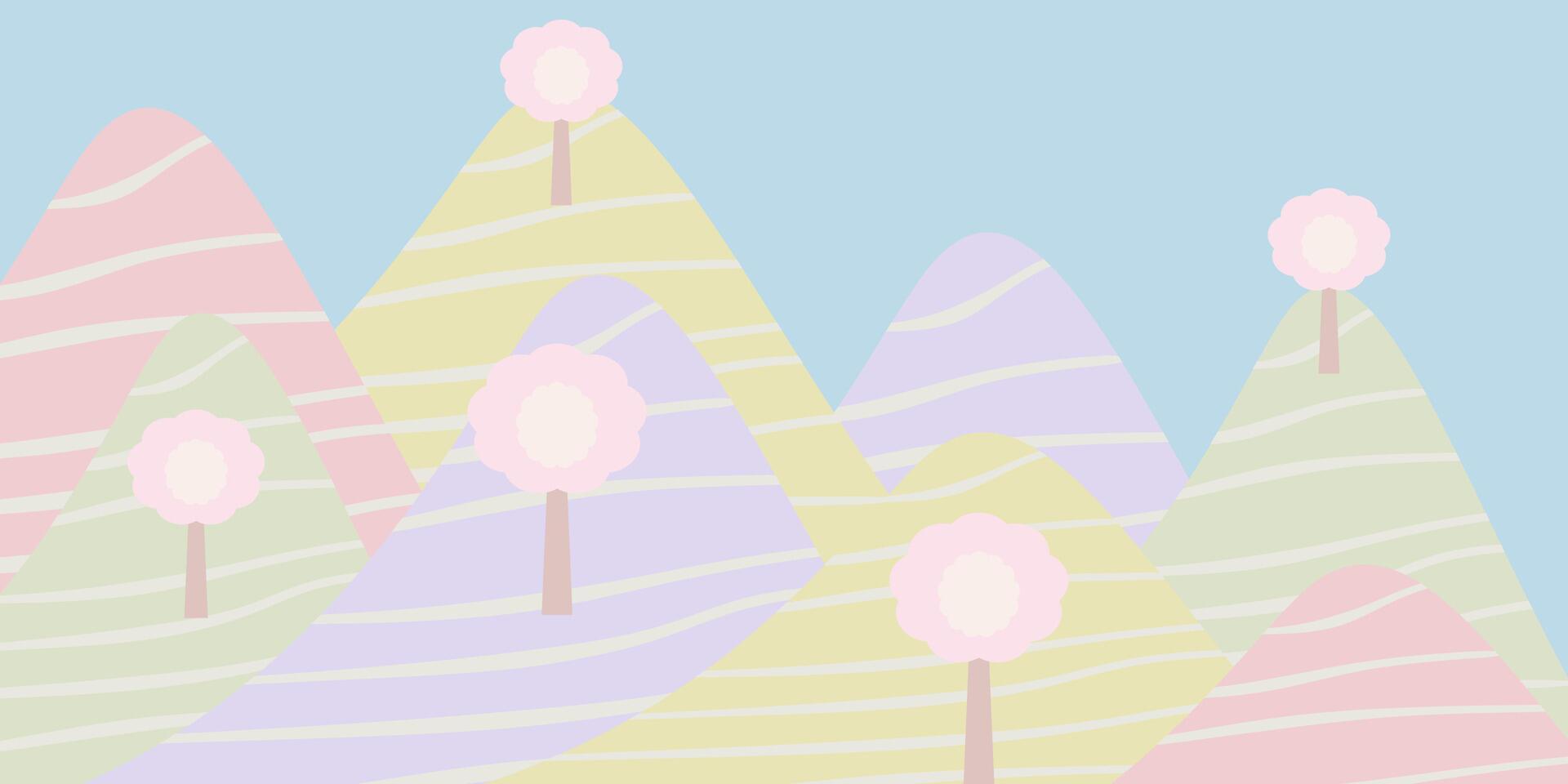 Spring time, Nature and landscape. Abstract illustration of trees pastel set, countryside, mountains, flowers, pastel style. Design for background, card, cover, banner, brochures, label, wallpaper vector