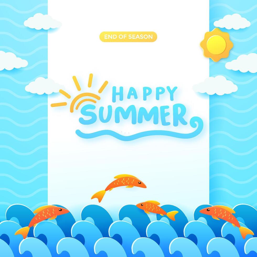 Happy Summer Illustration Featuring Fish, Waves, and Vibrant Sunshine vector