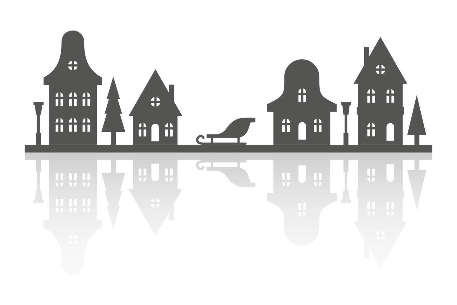 Silhouette of neighborhood houses. Small homes and buildings on skyline. Christmas town and village on white background. Row of cottages on the street with fir trees and church. Winter landscape. vector
