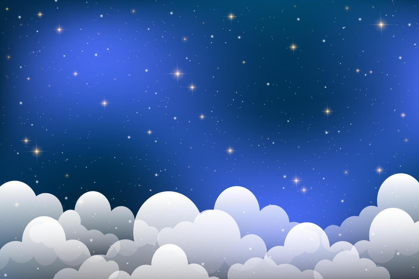 Glowing night sky filled with sparkling stars, blue gradient, and soft clouds, creating a magical celestial fantasy backdrop. cosmic illustration of outer space vector