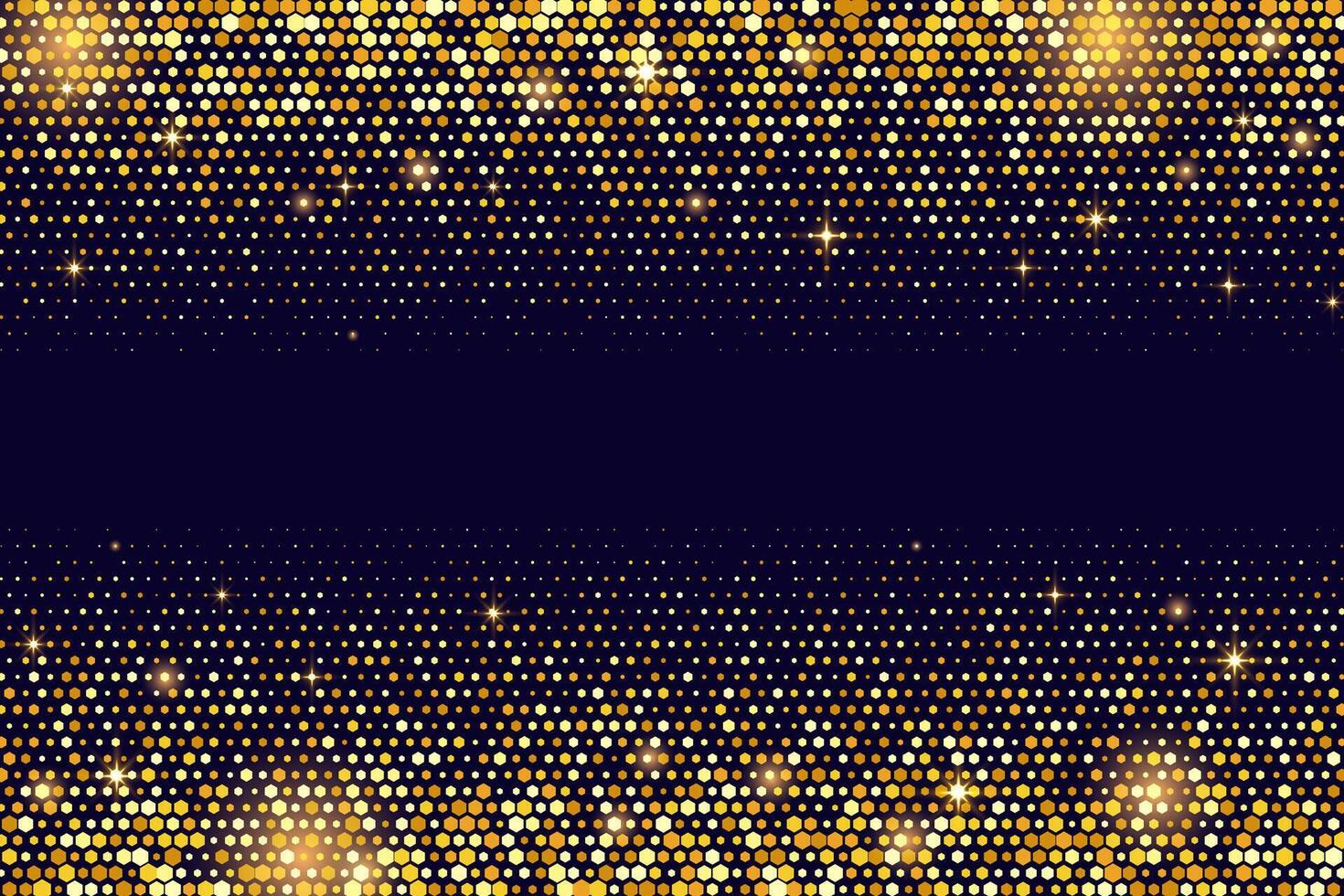 Golden glitter on black background. Pattern with dust and confetti. Halftone dotted sparkles and glowing stars. Luxury disco abstract magic border with bright sequins and shimmer. vector