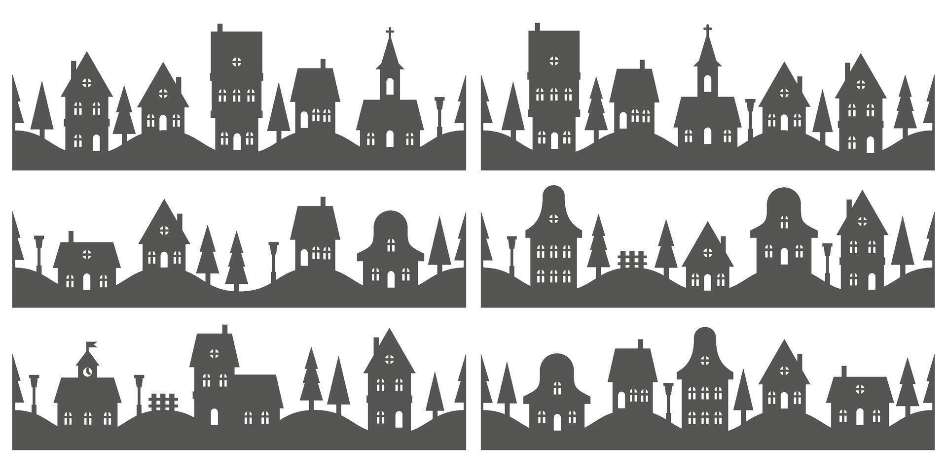 Silhouette of neighborhood houses. Small homes and buildings on skyline. Christmas town and village on white background. Row of cottages on the street with fir trees and church. Seamless borders set vector