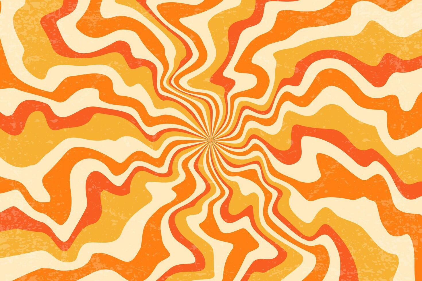Retro sun background with pattern of groovy rays. Sunburst abstract poster with wavy psychedelic design. Vintage summer textured radial beams. Circular hypnotic vortex. vector