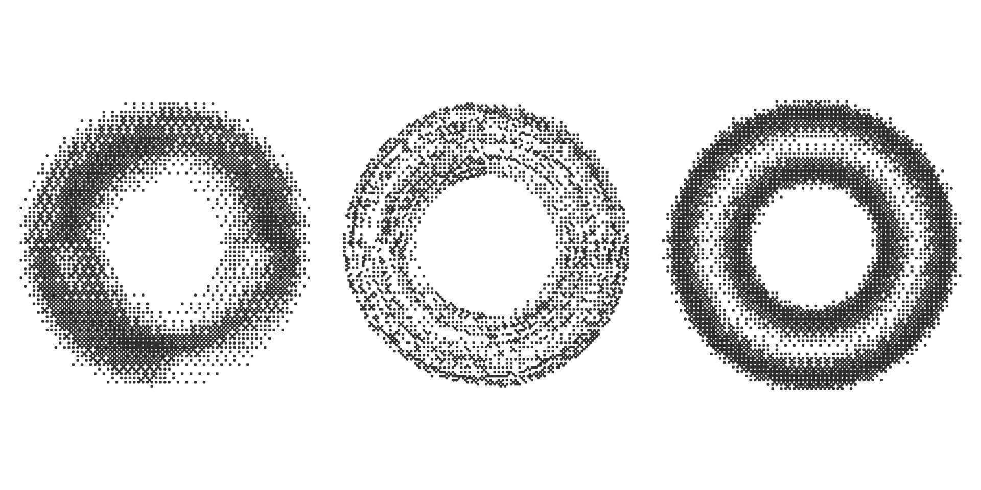 Bitmap pixel arcade game effect. Circles frames with bit pattern texture. Round y2k halftone elements on white background. Aesthetic set with dither gradient. 2000s noisy illustration vector