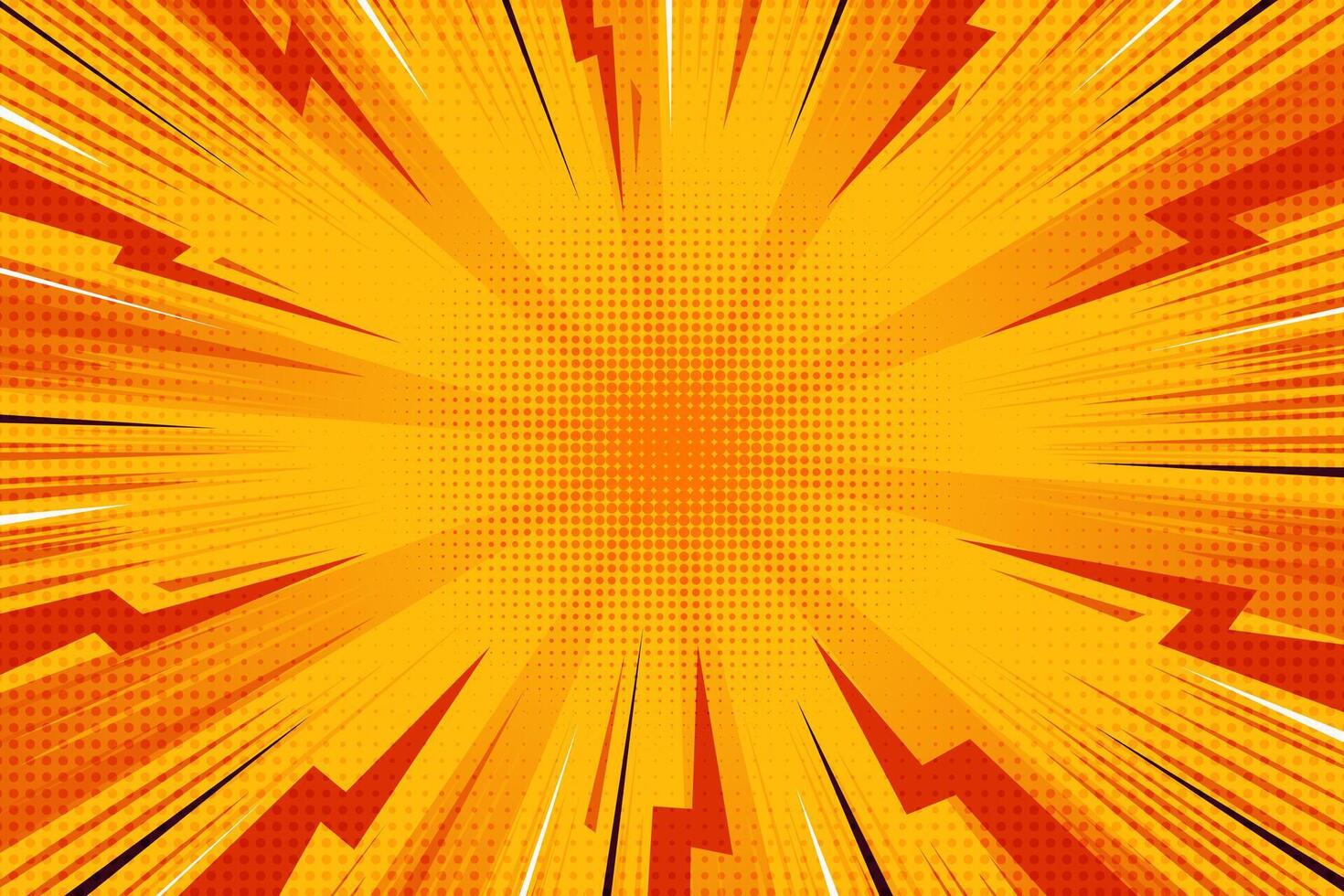 Cartoon comic background with lightning burst effect. Manga graphic with flash and thunders. Energy explosion frame with electric abstract light. Radial perspective orange beams vector