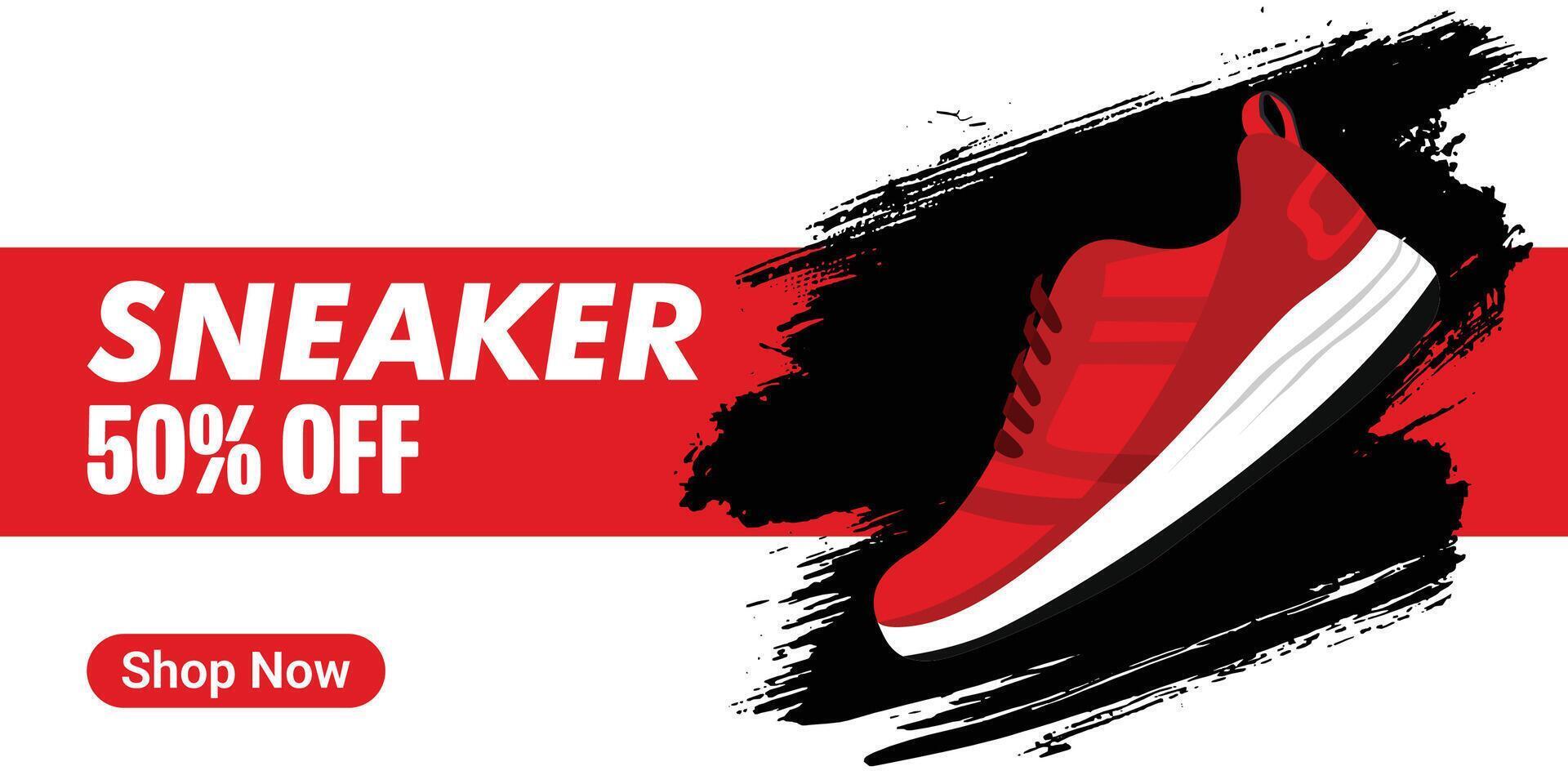 Creative banner for sneaker brand. Sneakers on abstract background, realistic. Shoes sale for social media post. Shoe on sale slider for e-commerce, websites or social media. Readymade design. vector