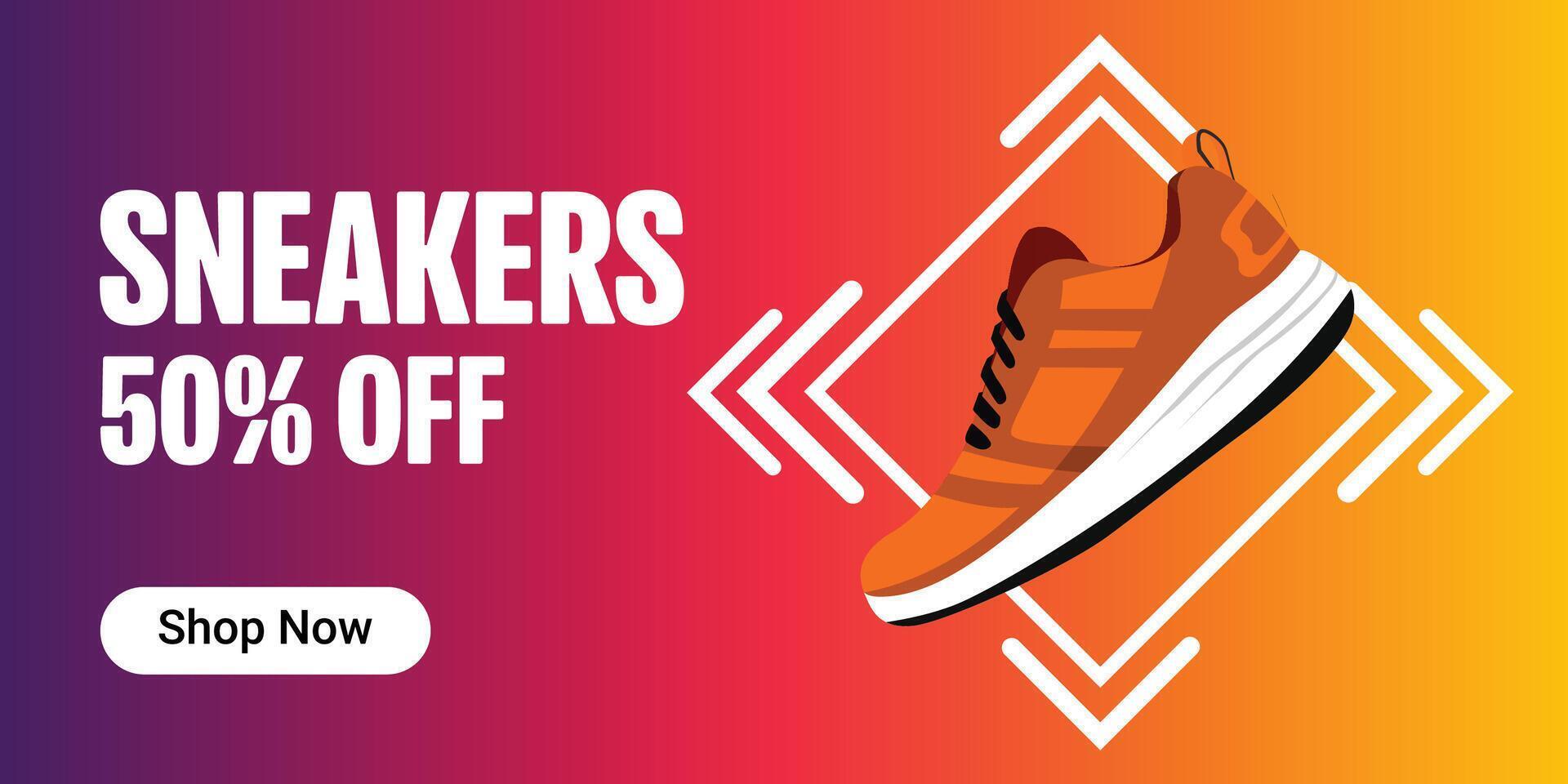 Creative banner for sneaker brand. Sneakers on abstract background, realistic style. Shoes sale for social media post. Shoe on sale slider for e-commerce, websites or social media. Readymade vector