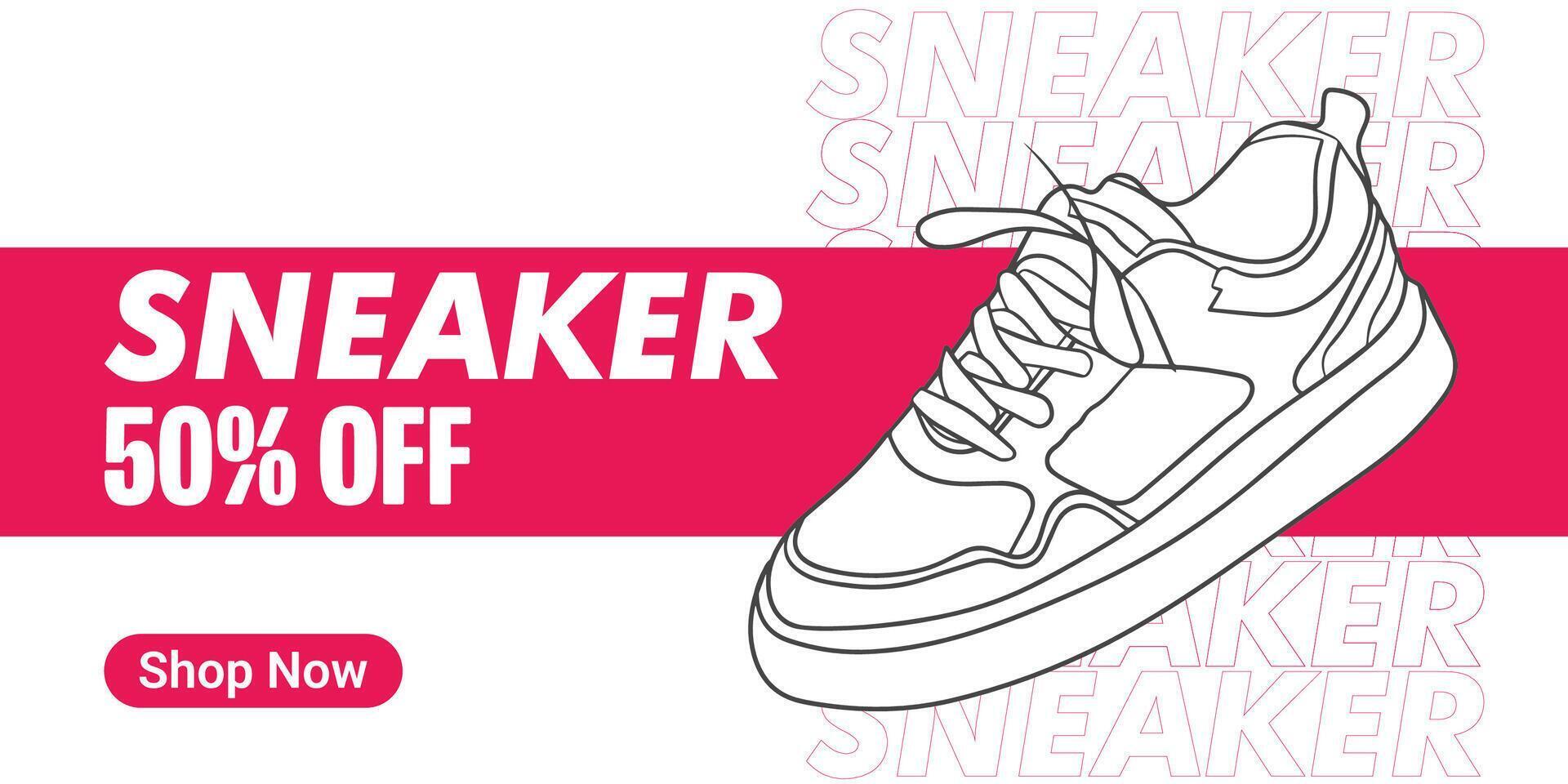 Creative banner for sneaker brand. Sneakers on abstract background, realistic style. Shoes sale for social media post. Shoe on sale slider for e-commerce, websites, social media. Readymade vector