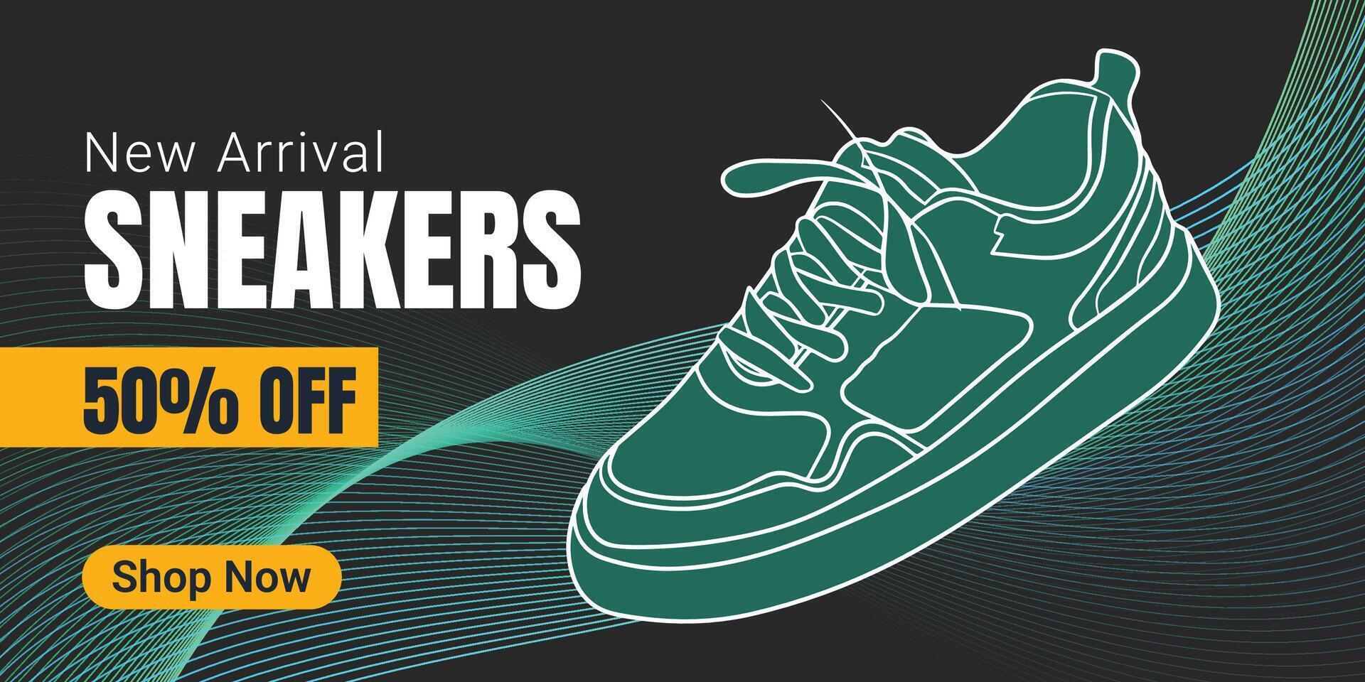 Creative banner for sneaker brand. Sneakers on abstract background, realistic style. Shoes sale for social media post. Shoe on sale slider for e-commerce, websites or social media. Readymade design. vector