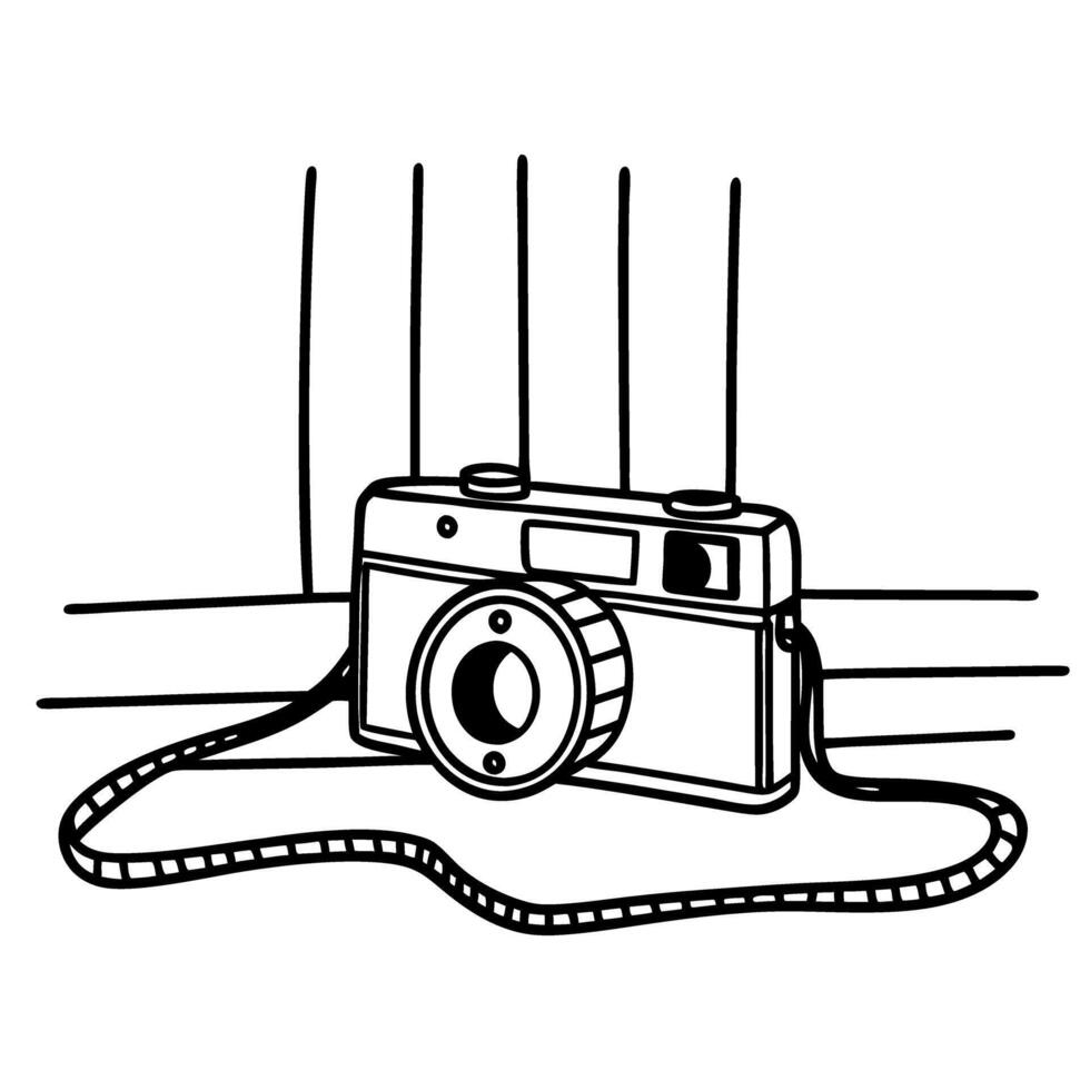 retro camera with strap on table minimalist black and white illustration of vintage equipment vector