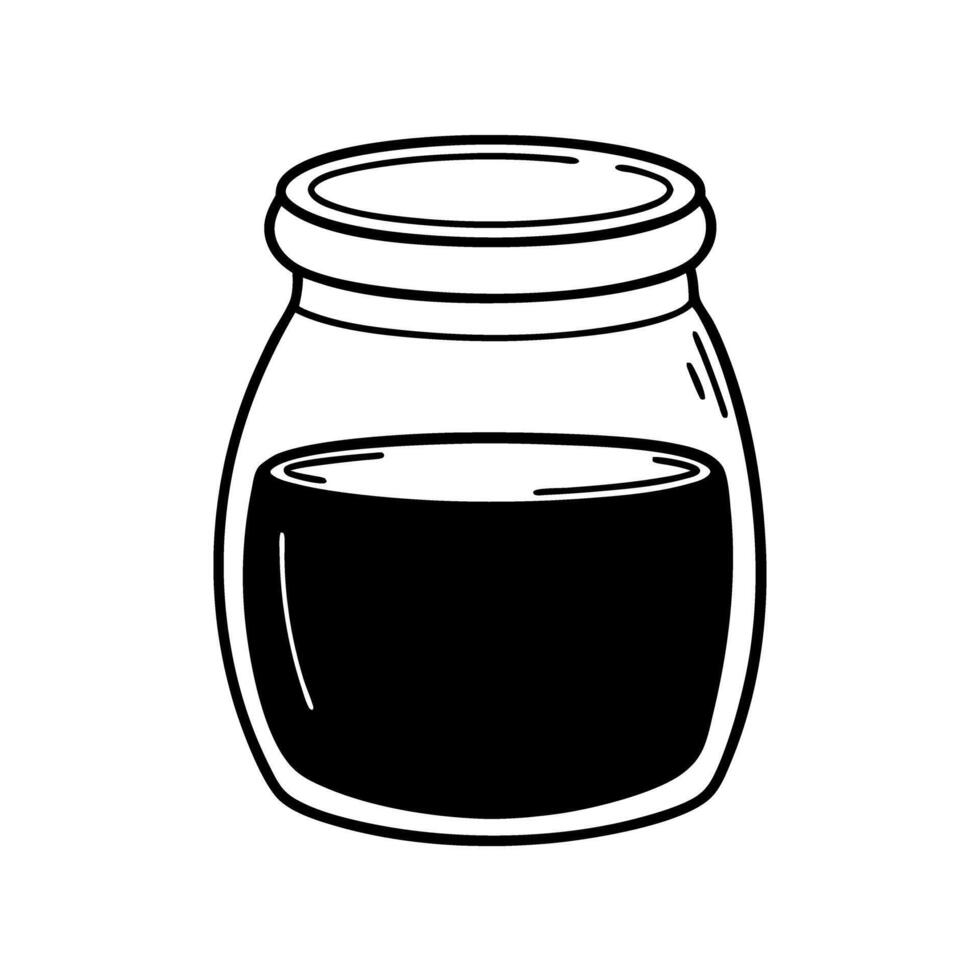 Black liquid in jar illustration simple doodle art, minimalist transparent container, white background vector