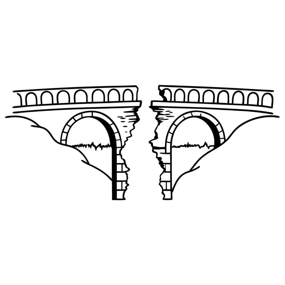 Broken bridge illustration depicting separation and disconnection vector