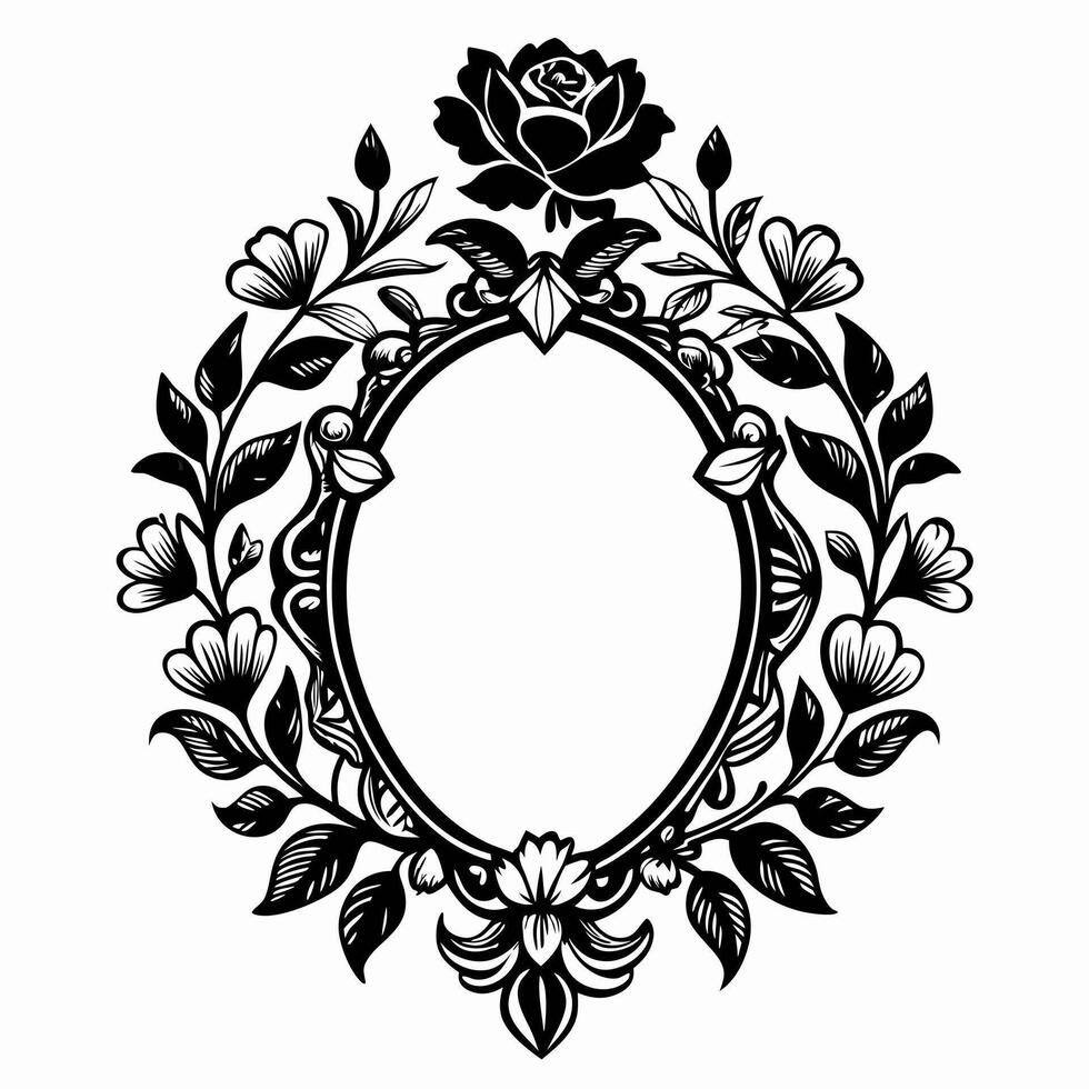 A black and white framed picture of a rose with leaves vector