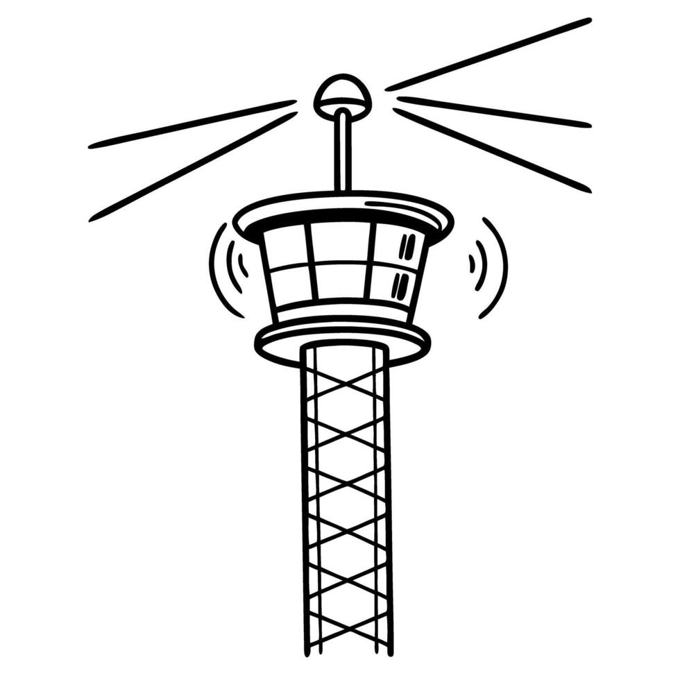 Airport control tower illustration, black and white line art with antenna and communication signals vector