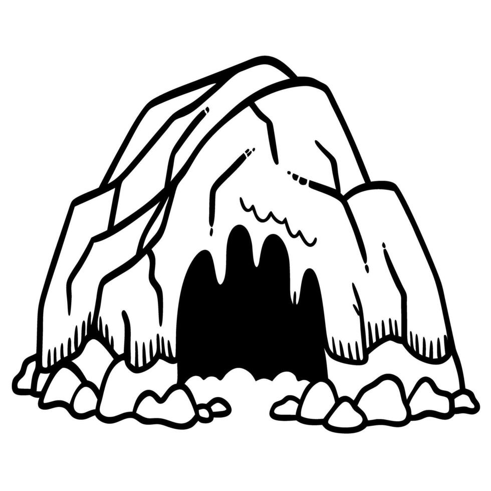 simple black and white cave illustration rocky mountain entrance with shaded darkness and rugged outline vector