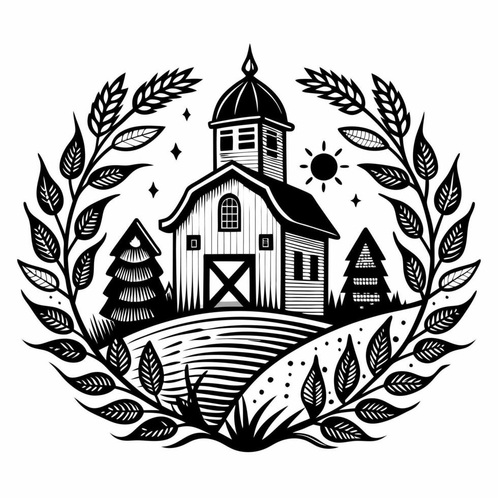 Rustic barn illustration with wheat accents in monochrome style vector
