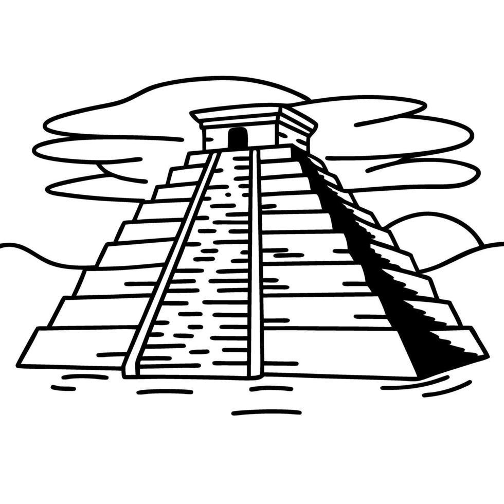 ancient pyramid with steps and entrance historic mayan architecture, black and white sketch, cultural heritage site vector