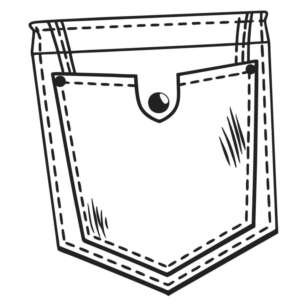 Pocket design illustration simple front pocket with stitching details, black and white line art vector