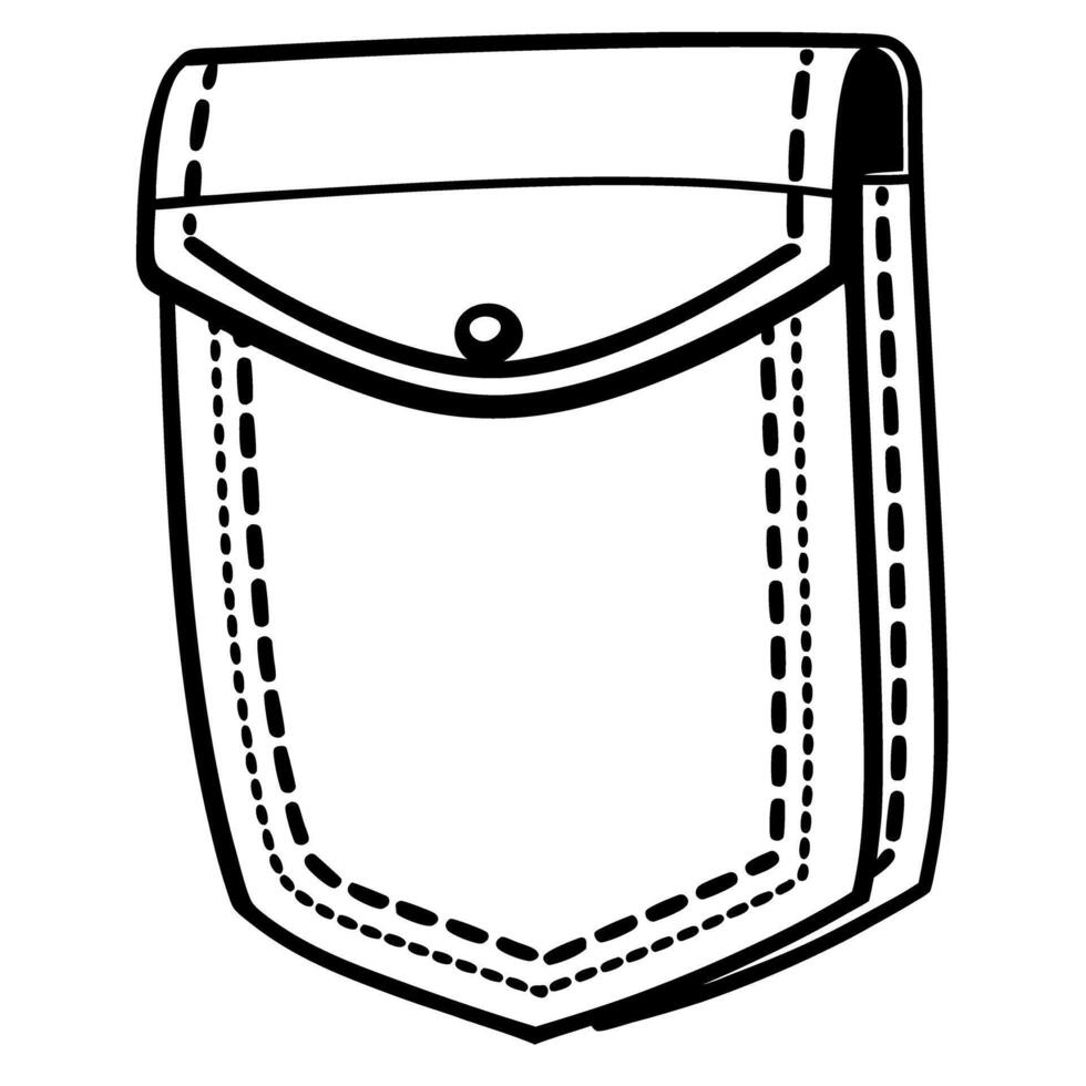 Black and white pocket illustration, seam lines stitch details, buttoned flap design, minimalist fashion accessory vector